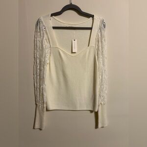 Anthropologie Ivory Knit Blouse with Sheer Lace Sleeves